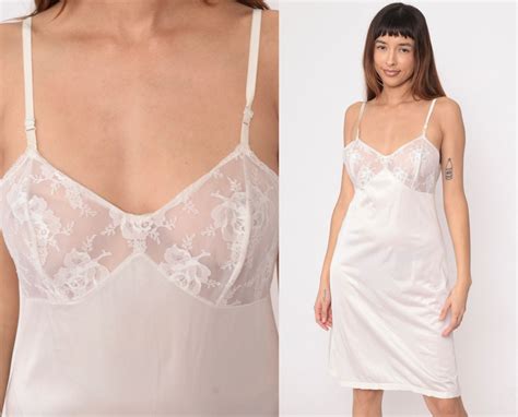 S Slip Dress White Lace Lingerie Dress Empire Waist Knee Length Nightgown Adjustable Straps