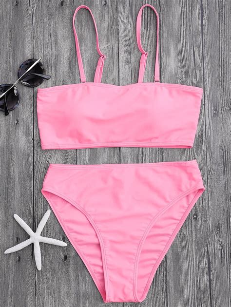 Off Padded High Cut Bandeau Bikini Set In Pink Zaful