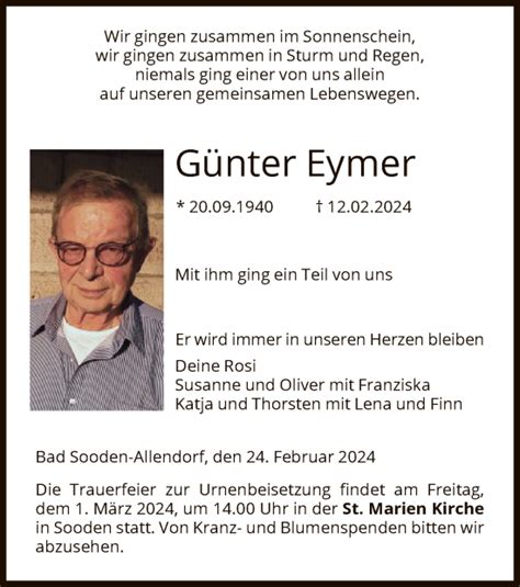 Traueranzeigen von Günter Eymer Trauer HNA de