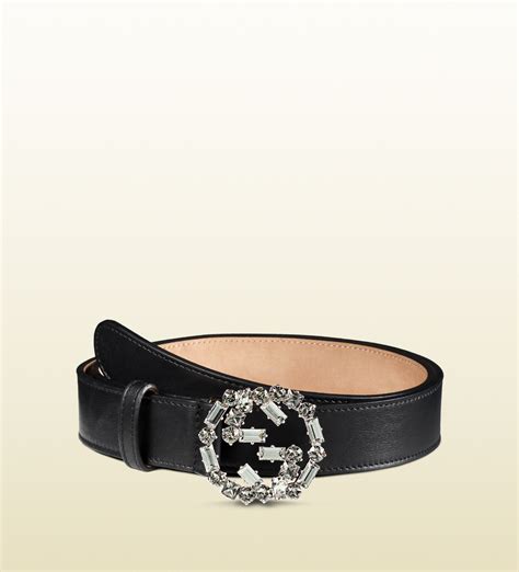 Gucci Leather Belt With Crystal Interlocking G Buckle In Black For Men