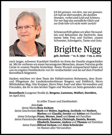 Todesanzeigen Von Brigitte Nigg Todesanzeigen Vorarlberger Nachrichten