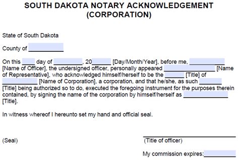 Free South Dakota Notary Acknowledgement Form Corporation PDF Word