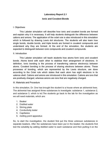 Laboratory Report Ionic And Covalent Bonds Laboratory Report Ionic