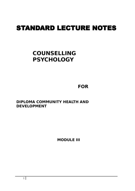 Counselling Psychology STANDARD LECTURE NOTES COUNSELLING PSYCHOLOGY