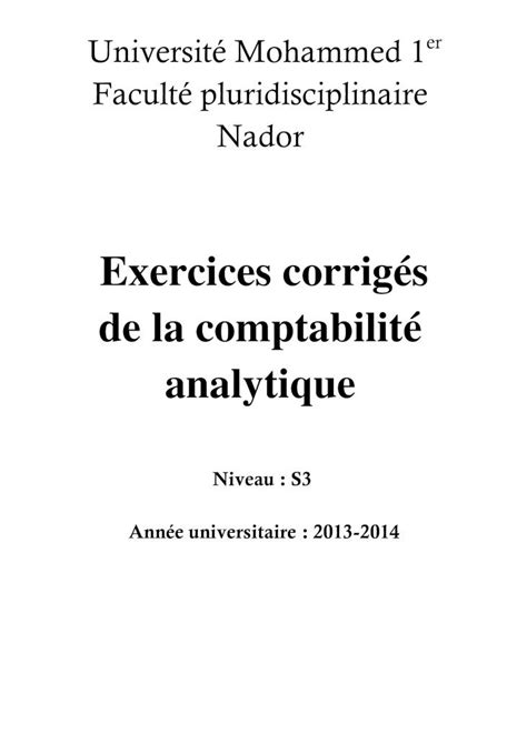 Pdf Exercices Corrig S De La Comptabilit Analytique Lycee Pdf