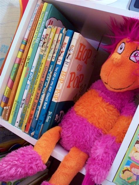 A Pink And Orange Stuffed Animal Sitting On Top Of A Book Shelf