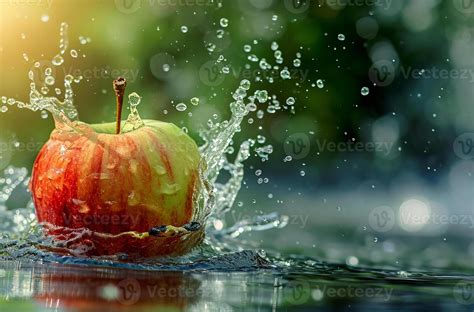 Ai Generated Red Apple Falling Into Water With Splash And Bokeh