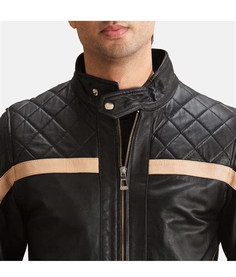 Striped Diamond Quilted Mens Black Leather Bomber Jacket Jackets Creator