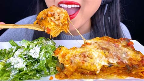 ASMR CHEESY LASAGNA FRESH SALAD Crunchy And Soft Eating Sounds NO