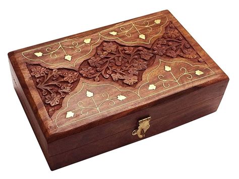 Sheesham Wood Carving Brass Inlay Wooden Carving Jewelry Box 6 X 4