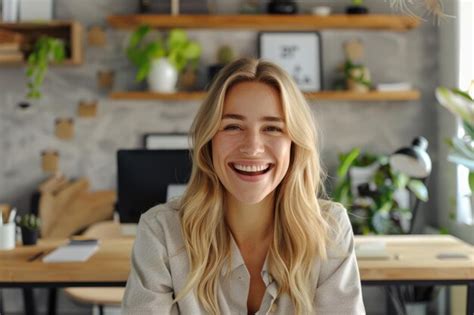 Blonde Woman Smiling At Desk With Business Concept Premium AI Generated Image