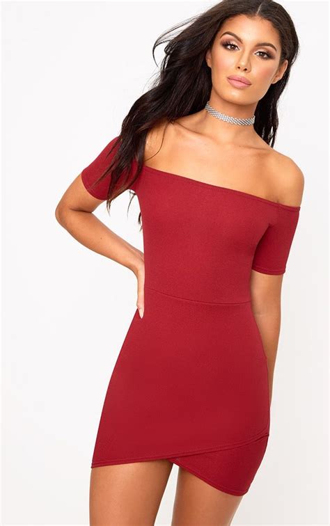 Burgundy Bardot Wrap Skirt Bodycon Dress Burgundy Bodycon Dress Dresses For Teens Dance