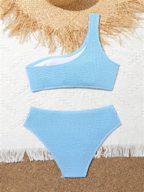 Conjunto de bikini de un hombro liso para niña preadolescente playa de verano Moda de Mujer