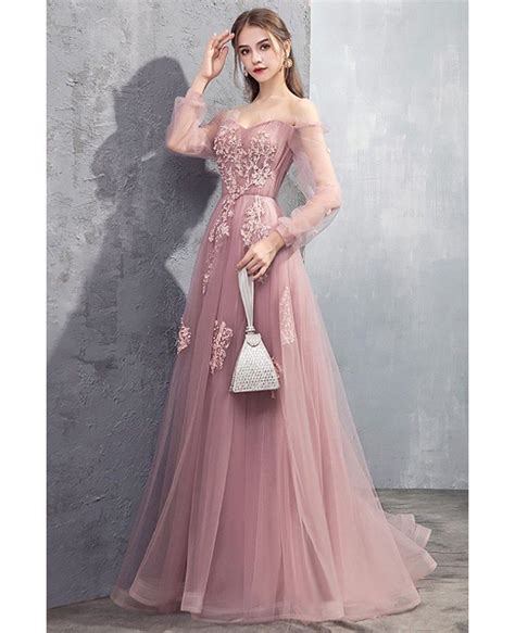 Long Tulle Rose Pink Prom Dress Off Shoulder With Appliques Dm69040