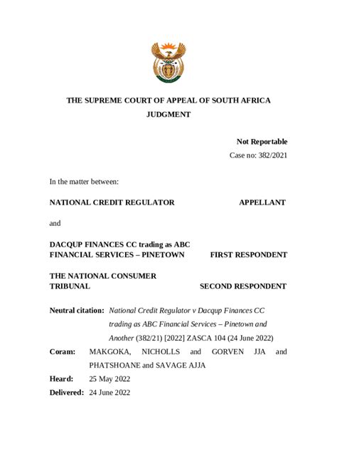 Uys N N O And Others V National Credit Regulator Doc Template