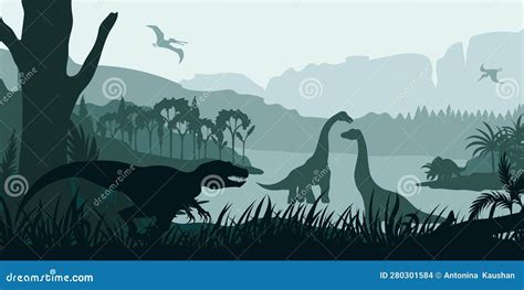 Prehistoric Landscape With Dinosaurs Dino Silhouette Gigantic