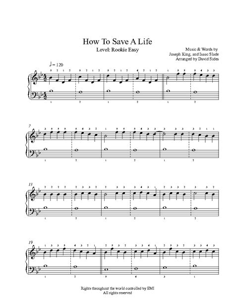 How To Save A Life By The Fray Piano Sheet Music Rookie Level