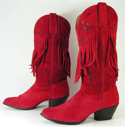 Red Cowboy Boots Womens 8 B Tassels Suede Leather Fringe Etsy Red