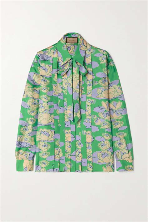 Gucci Green Pussy Bow Floral Print Silk Shirt Editorialist