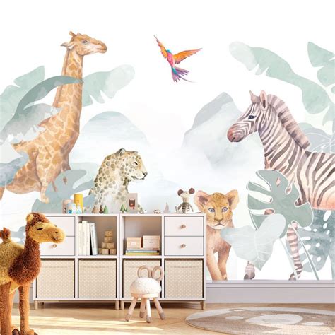 Papier Peint Panoramique Jungle Pastel Pour Enfant Babywall