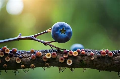 Uma baga azul fica em um galho o sol brilhando através das folhas