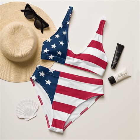 Recycled High Waist Bikini With USA Flag Design Sustainable And Patriotic Fashion Gift Idea