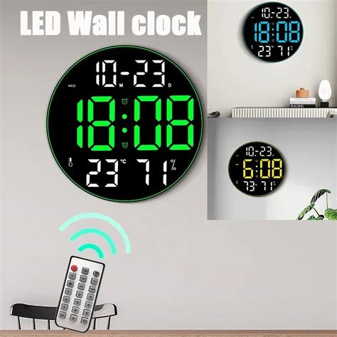 12inch 10inch Large Screen Led Round Wall Clock Digital Temperature Humidity Date Display Alarm