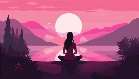 Mujer meditando en la postura del loto al atardecer Ilustración