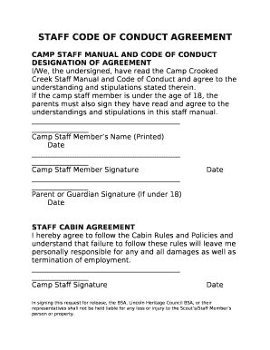 STAFF CODE OF CONDUCT AGREEMENT Doc Template PdfFiller