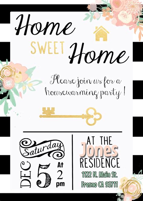 Black White Gold Housewarming Invitation Invite Stripes Water Color Flowers Pin… | House warming ...