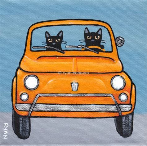 Vintage Fiat 500 Cats Original Cat Folk Art Painting By KilkennycatArt