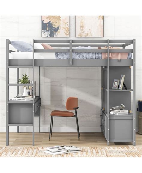 Simplie Fun Full Size Loft Bed With Built In Desk With Two Drawers And Storage Shelves And