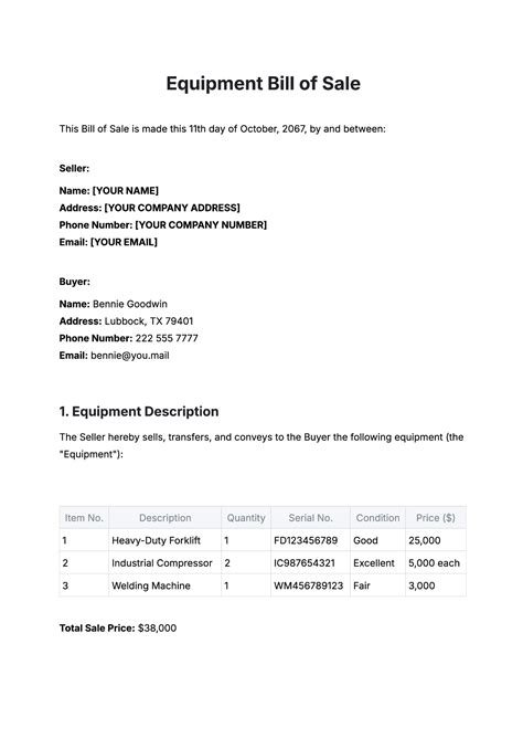 Free Equipment Bill Of Sale Templates, Editable and Printable