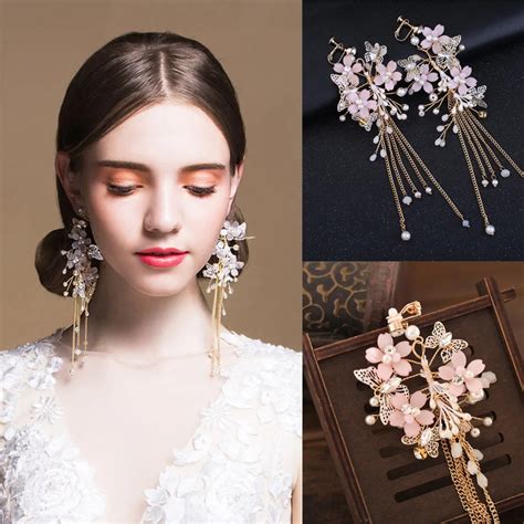 Romantic Pink Flower Dangle Tassel Bridal Earrings Women Vintage Statement Rhinestone Acrylic