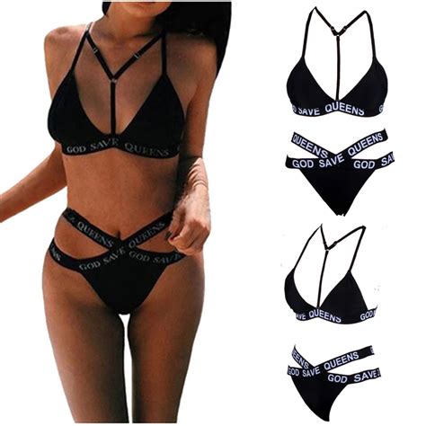 LELINTA Women Sexy Swimwear Bra God Save Queens Letters Print Beachsuit Bikini Suit Bandage