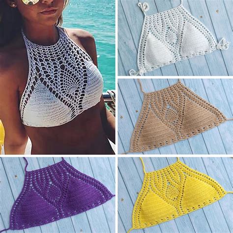 New Bikini Top Handmade Crochet Women Boho Beach Bralette Solid Halter Knitted Swimsuit