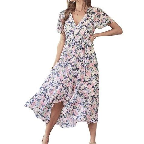 Amzbarley Robe d Été Bohème Col v Avec Volants Et Robe Longue