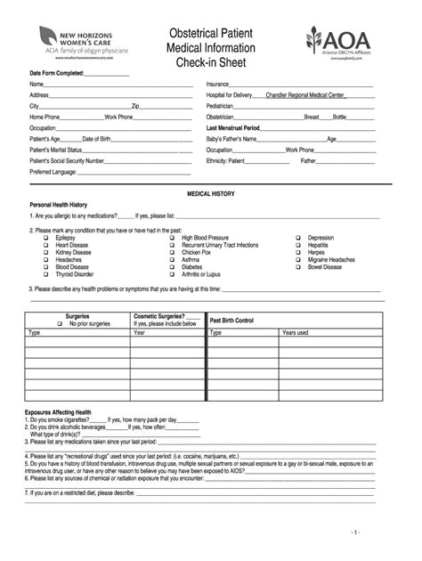 Fillable Online Obstetrical Patient Medical Information Check In Sheet