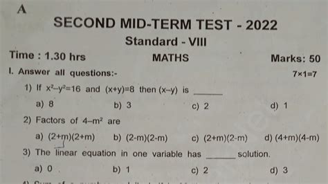 Th Maths Second Midterm Exam Model Question Paper Youtube