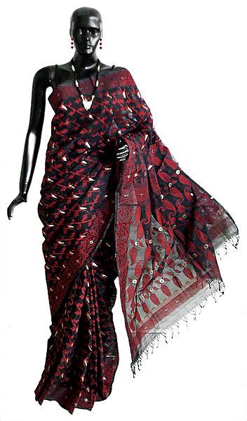 Black Bengal Cotton Tangail Saree With Woven Red And Golden Zari Dhakai