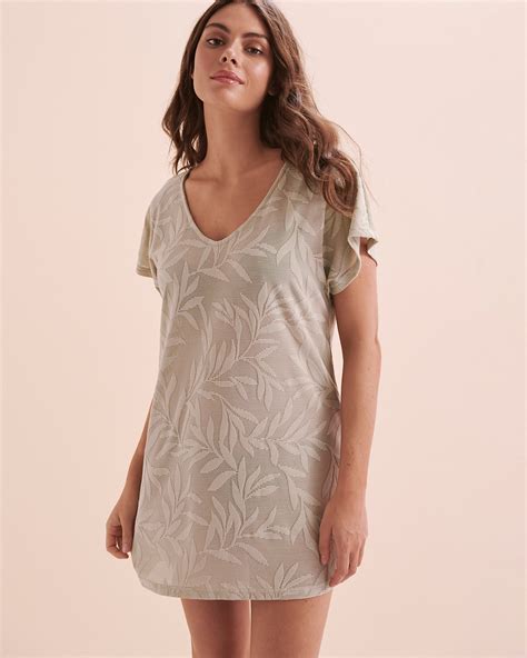 TURQUOISE COUTURE Leaf Print Short Sleeve Tunic Sage Bikini Village