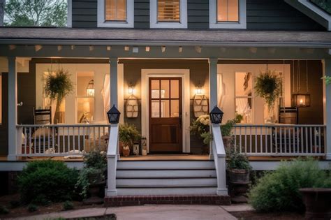 Premium Ai Image Cozy House Exterior With Front Porch And Lanterns