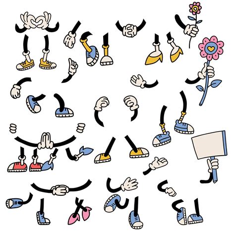 Retro cartoon legs, arms gestures and hands poses. Comic funny