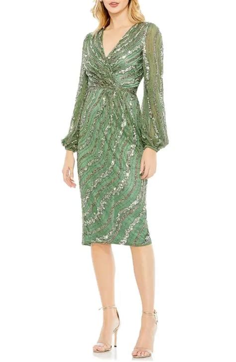 Mac Duggal Sequin Stripe Long Sleeve Mesh Cocktail Dress Sage