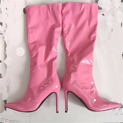 Women Knee High Boots Patent Pu Upper Pink Pointed Toe Bright Leather Stiletto Heel Sexy High