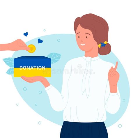 Volunteer Woman Holding Donation Box In Yellow Blue Colors Of Ukrainian