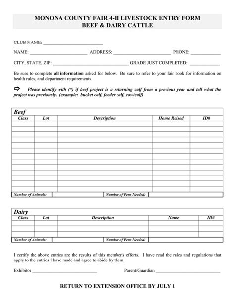 Monona County Fair H Livestock Entry Form Beef Dairy Cattle