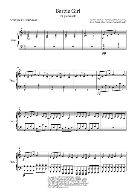 Barbie Girl Arr John Graab By Aqua Sheet Music For Piano Solo At