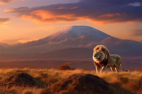 Premium AI Image | Iconic savanna scene lion's portrait with Mount ...