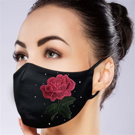 Rose Face Mask With Filter Pocket Embroidered Crystal Etsy